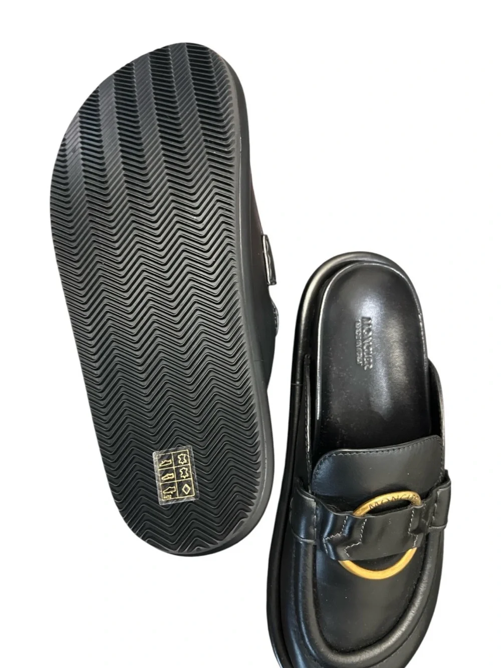 Moncler Bell Mule Black Leather Slip-On Mules with Gold Ring Accent - Picture 3 of 7